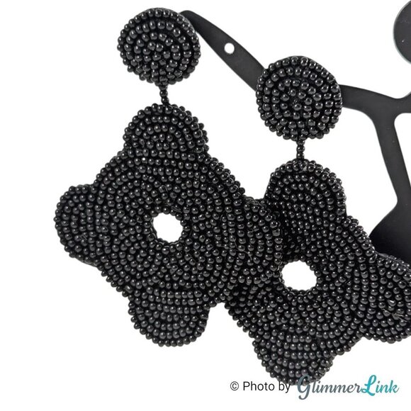 Kenneth Jay Lane KJL Black Seed Bead Fine Detail Gold Tone Pierced Earrings - Picture 2 of 8